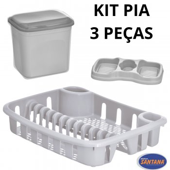 Kit Pia - 1 Escorredor de Pratos Master, 1 Lixeira 5 l e 1 Porta Detergente